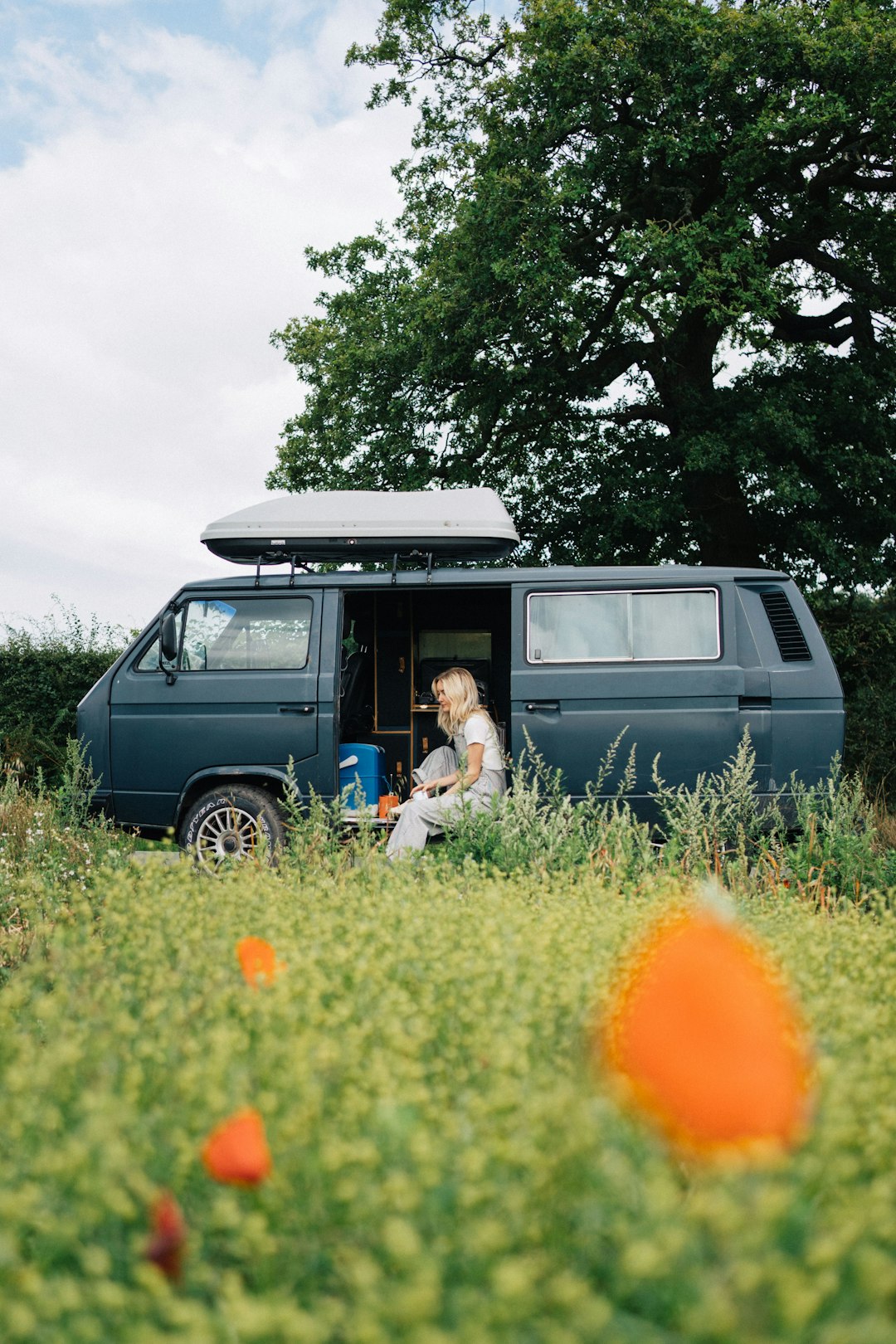 services-img-02 A blonde girl sitting in a camper van in a bright green field with red flowers, on a sunny day.